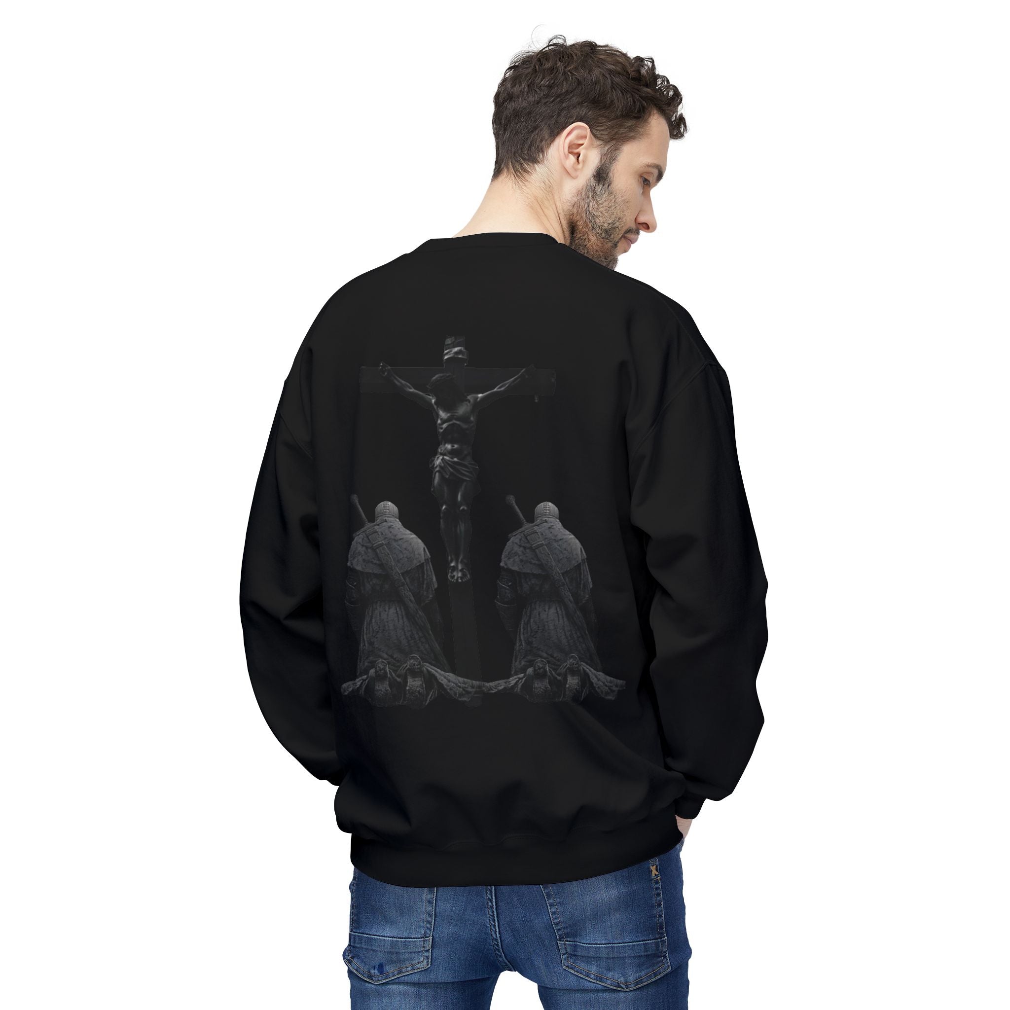 Crucifixion Graphic Sweatshirt — Dark Gothic Jesus Prayer Crewneck